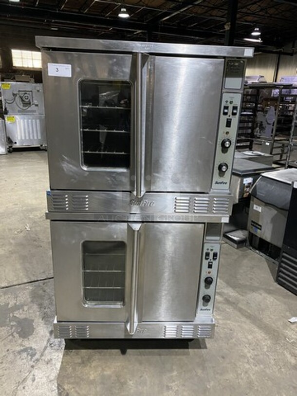 GREAT! Sunfire Double Stacked Natural Gas Powered Convection Ovens! All S.S! With One View Through Door & One Solid Door! Model SCOGS10S Serial 1209230000723! On Commercial Casters! 2 X Your Bid! Makes One Unit!