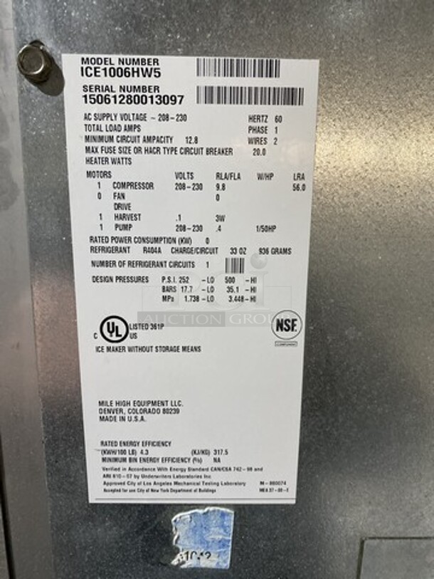 Ice-O-Matic Commercial Ice Making Machine! On Ice Bin! All Stainless Steel! Model ICE1006HW5 Serial 15061280013097! 208/230V! On Legs! 2 X Your Bid! Makes One Unit! - Image 6 of 7