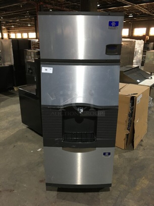 Manitowoc Commercial Ice Making Machine! With Ice Bin/Ice Dispenser! All Stainless Steel! Model ID0303W161 Serial 1120499835! 115V 1Phase! Ice Bin Model SPA310 610188490! 115V 1Phase! On Legs! 2 X Your Bid! Makes One Unit!