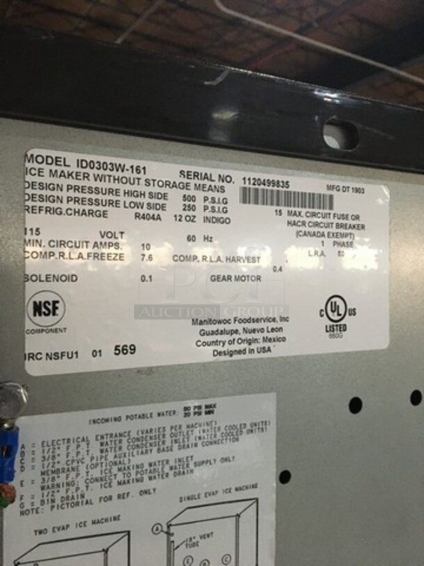 Manitowoc Commercial Ice Making Machine! With Ice Bin/Ice Dispenser! All Stainless Steel! Model ID0303W161 Serial 1120499835! 115V 1Phase! Ice Bin Model SPA310 610188490! 115V 1Phase! On Legs! 2 X Your Bid! Makes One Unit! - Image 9 of 10