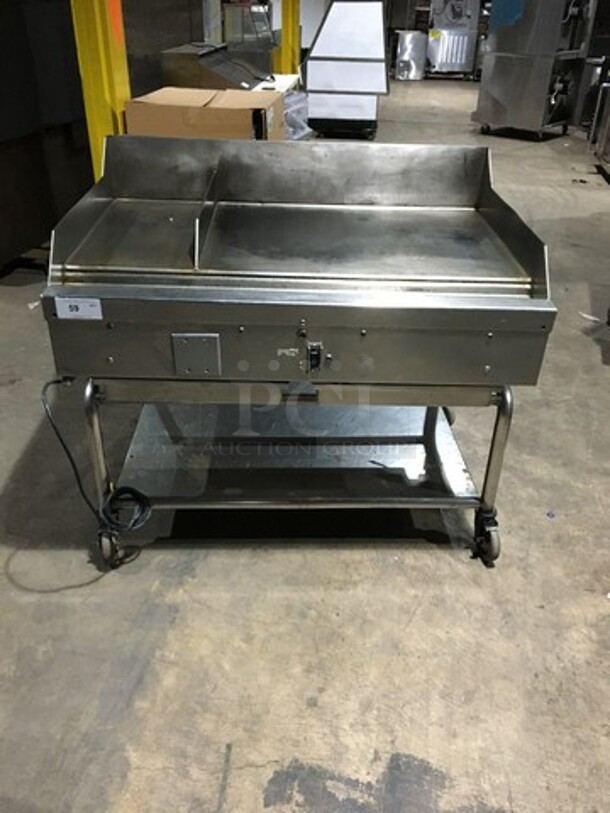 Woodstone Commercial Natural Gas Powered 48 Inch Flat Griddle! With Split Top! With Back & Side Splashes! With Underneath Storage Space! All Stainless Steel Equipment Stand On Commercial Casters!