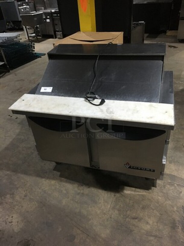 Victory Commercial Refrigerated Sandwich Prep Table! With 2 Door Underneath Storage Space! With Commercial Cutting Board! With Racks! All Stainless Steel! Model VUR418BT Serial K1204917! 115V 1Phase! On Casters!