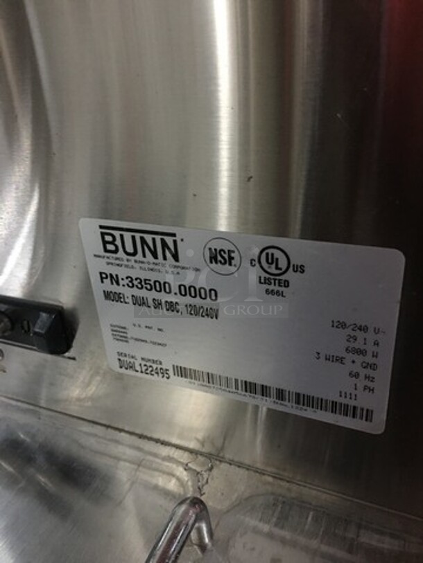 Bunn Commercial Countertop Dual Coffee Brewing Machine! With Beverage Dispensers! With Hot Water Line! All Stainless Steel! Model DUALSHDBC Serial DUAL122495! 120/240V 1Phase! - Image 8 of 9