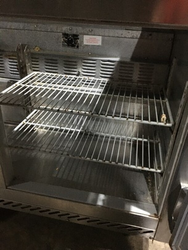 Victory Commercial Refrigerated Sandwich Prep Table! With 2 Door Underneath Storage Space! With Commercial Cutting Board! With Racks! All Stainless Steel! Model VUR418BT Serial K1204917! 115V 1Phase! On Casters! - Image 6 of 12