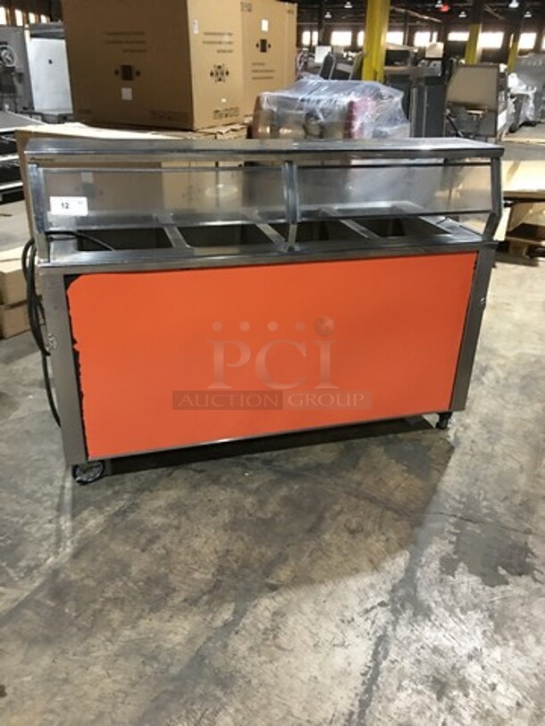 Precision Commercial 4 Well Steam Table! With Underneath Storage Space! With Sneeze Guard! All Stainless Steel Body! Model SST2004UDNYC Serial 679990891! 120V 1Phase! On Commercial Casters!