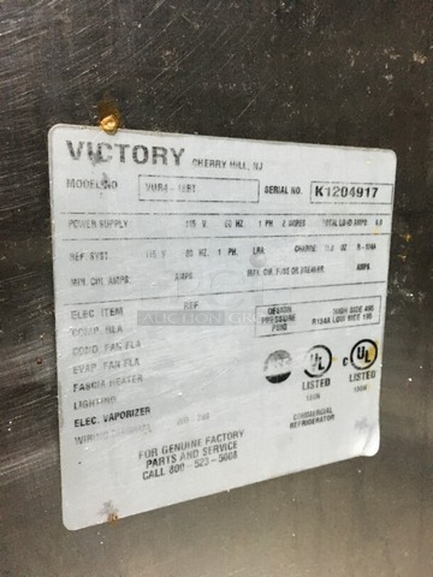 Victory Commercial Refrigerated Sandwich Prep Table! With 2 Door Underneath Storage Space! With Commercial Cutting Board! With Racks! All Stainless Steel! Model VUR418BT Serial K1204917! 115V 1Phase! On Casters! - Image 8 of 12