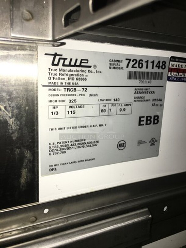 True Commercial Refrigerated 4 Drawer Chef Base! All Stainless Steel! Model TRCB72 Serial 7261148! 115V 1Phase! - Image 8 of 9