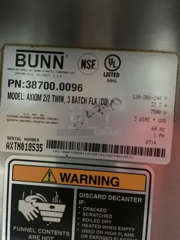 Bunn Commercial Countertop Dual Coffee Brewing Machine! Axiom Series! With 4 Coffee Pot Warming Stations! All Stainless Steel! Model AXIOM2/2TWIN Serial AXTN018535! 120/208/240V! 1Phase! On Legs! - Image 9 of 10
