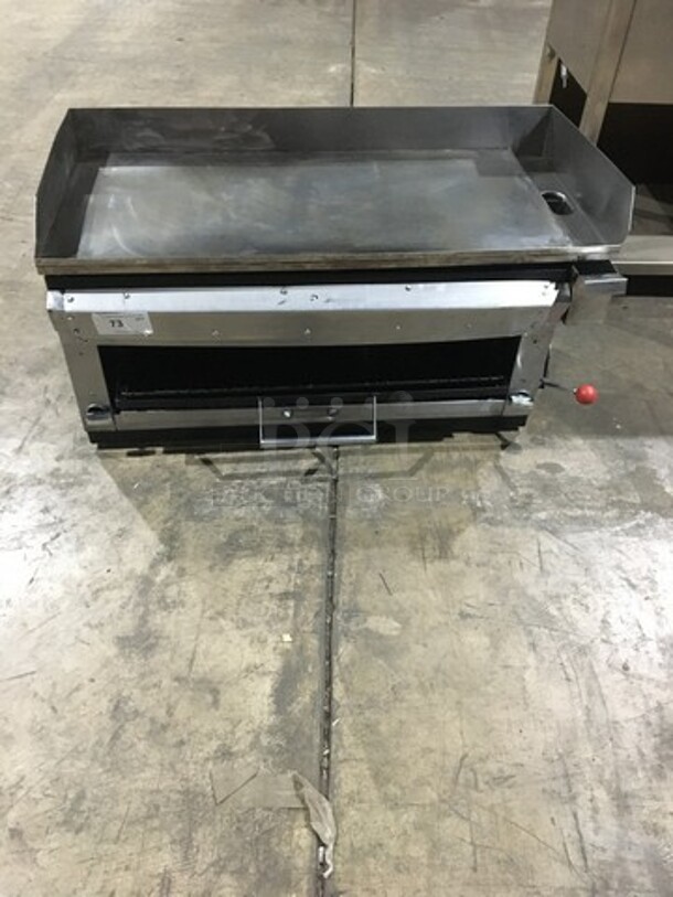 Commercial Countertop Natural Gas Powered Flat Griddle! With Cheese Melter Underneath! With Back & Side Splashes! All Stainless Steel! On Legs!