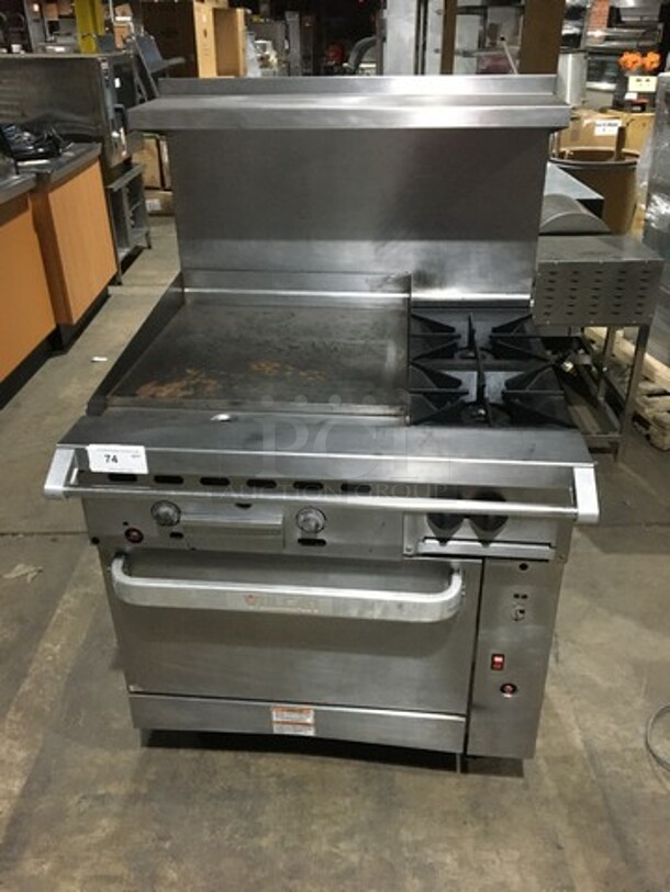 Amazing! RARE FIND! Vulcan Natural Gas Powered 2 Burner Range With 24 Inch Flat Top Grill! With Full Size Convection Oven Underneath! With Metal Racks! Model 36C24GT2BN Serial 481830709! On Commercial Casters!