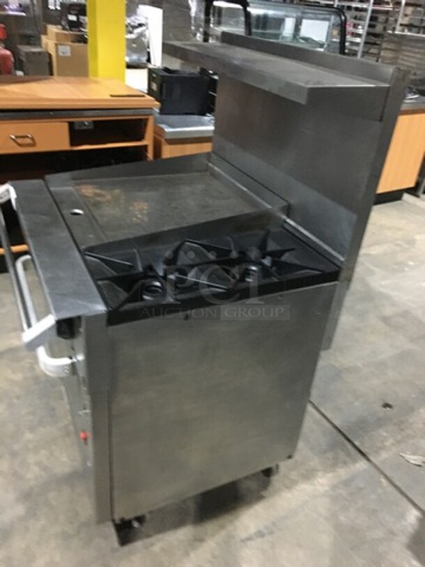 Amazing! RARE FIND! Vulcan Natural Gas Powered 2 Burner Range With 24 Inch Flat Top Grill! With Full Size Convection Oven Underneath! With Metal Racks! Model 36C24GT2BN Serial 481830709! On Commercial Casters! - Image 2 of 12