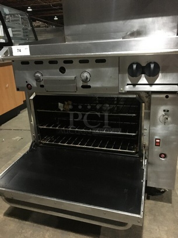 Amazing! RARE FIND! Vulcan Natural Gas Powered 2 Burner Range With 24 Inch Flat Top Grill! With Full Size Convection Oven Underneath! With Metal Racks! Model 36C24GT2BN Serial 481830709! On Commercial Casters! - Image 9 of 12