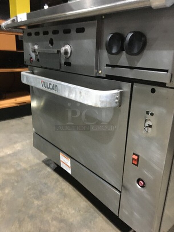 Amazing! RARE FIND! Vulcan Natural Gas Powered 2 Burner Range With 24 Inch Flat Top Grill! With Full Size Convection Oven Underneath! With Metal Racks! Model 36C24GT2BN Serial 481830709! On Commercial Casters! - Image 11 of 12