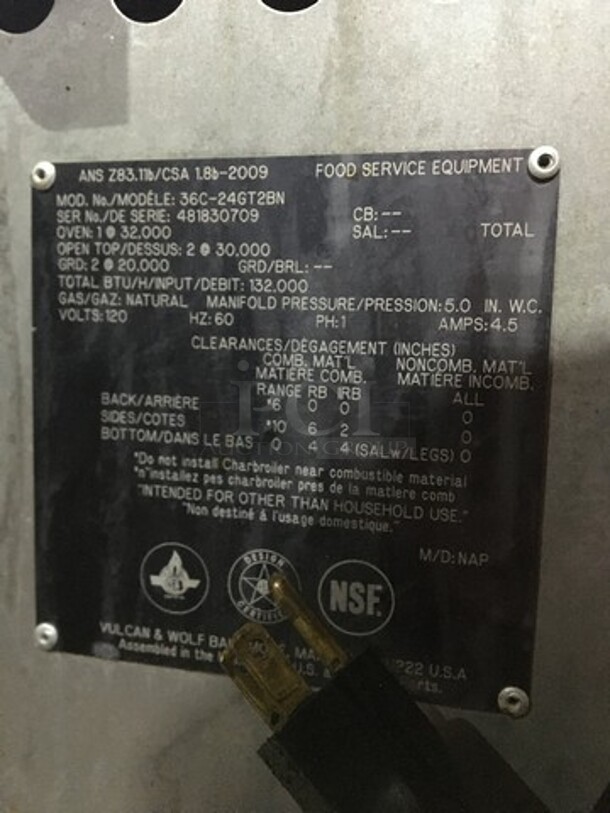 Amazing! RARE FIND! Vulcan Natural Gas Powered 2 Burner Range With 24 Inch Flat Top Grill! With Full Size Convection Oven Underneath! With Metal Racks! Model 36C24GT2BN Serial 481830709! On Commercial Casters! - Image 12 of 12