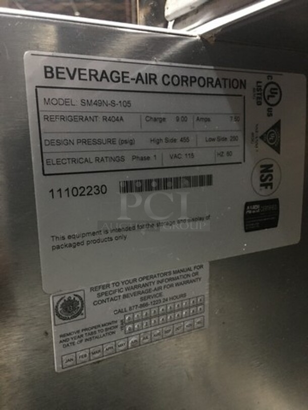 Beverage Air Commercial 1 Sided Milk Cooler! All Stainless Steel! Model SM49NS105 Serial 11102230! 115V 1Phase! On Commercial Casters!
 - Image 7 of 8