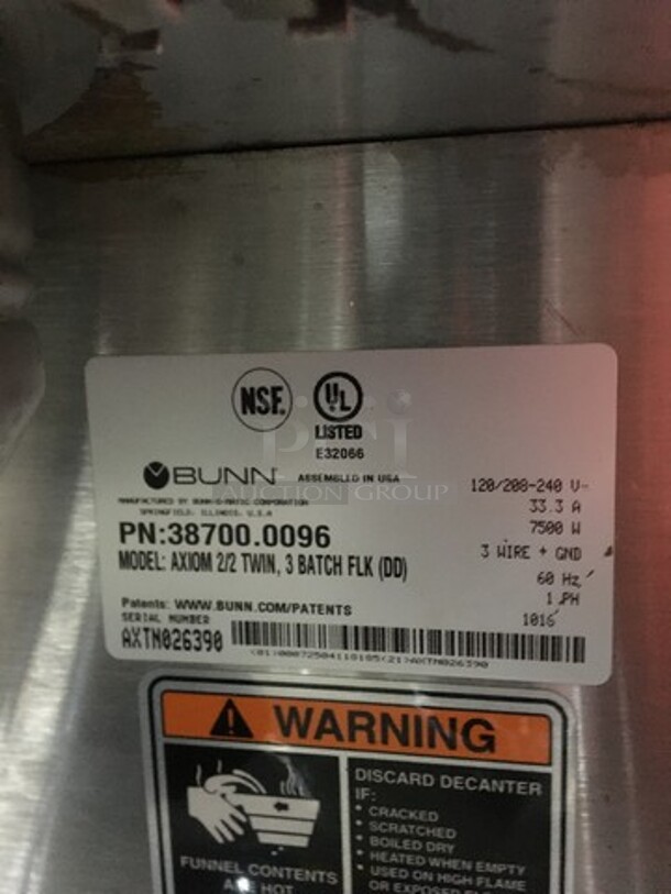 Bunn Commercial Countertop Dual Coffee Brewing Machine! Axiom Series! With 4 Coffee Pot Warming Stations! All Stainless Steel! Model AXIOM2/2TWIN Serial AXTN026390! 120/208/240V! 1Phase! On Legs! - Image 8 of 10