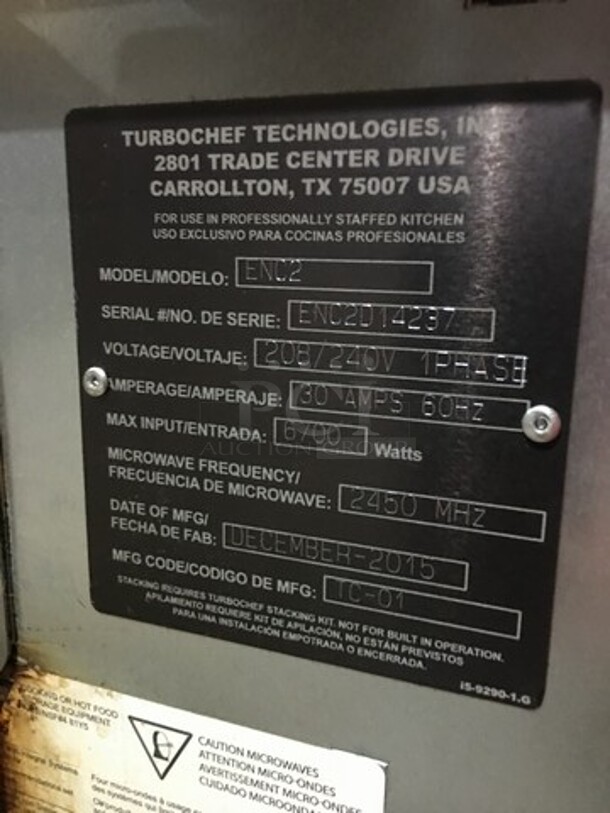 2015 Turbo Chef Encore Commercial Countertop Rapid Speed Oven! Model ENC2 Serial ENC2D14237! 208/240V 1Phase! On Legs! - Image 5 of 9
