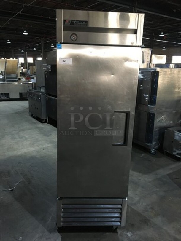 True One Door Stainless Steel Reach In Freezer! With Poly Coated Racks! Model T23F Serial 7782399! 115V 1 Phase! On Commercial Casters!