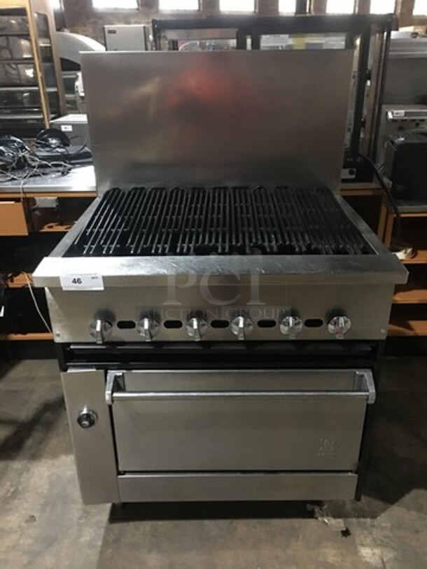 WOW! JADE RANGE Natural Gas Powered 36 Inch Char Broiler Grill! With Full Size Oven! With Raised Stainless Steel Back Splash! On Legs! 