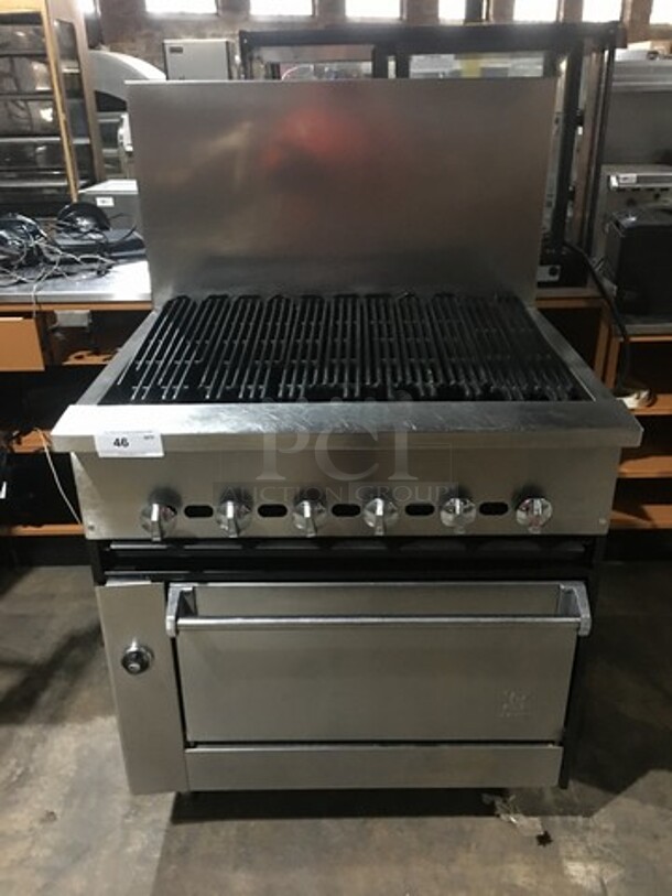 WOW! JADE RANGE Natural Gas Powered 36 Inch Char Broiler Grill! With Full Size Oven! With Raised Stainless Steel Back Splash! On Legs!  - Image 1 of 10