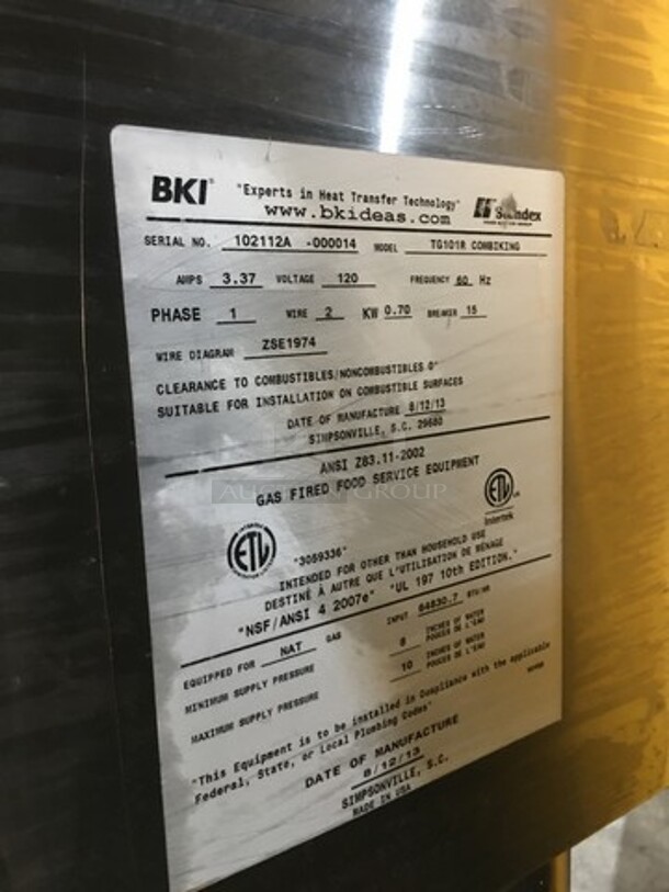 Amazing! 2013 BKI By Giorik Natural Gas Powered Floor Model Combi Convection Oven! Combi King Series!  On Stainless Steel Stand With Pan Holders! Model TG101R Serial 102112A-000014! Working When Removed!    - Image 8 of 10
