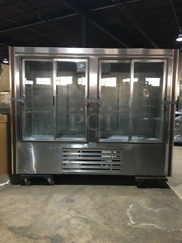 All Stainless Steel Comer Reach In Cooler Merchandiser! With 4 Sliding Doors! With Poly Coated Racks! All Stainless Steel! 
