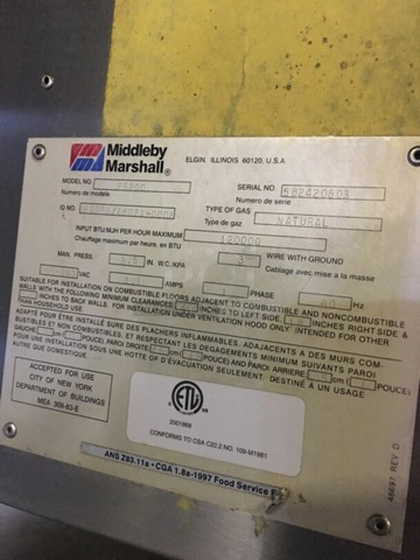 Sweet!  Middleby Marshall Commercial Natural Gas Powered Double Deck Conveyor Pizza Oven! All Stainless Steel! Model PS200 Serial 126410199! On Casters! 2 X Your Bid! Makes One Unit! - Image 12 of 12
