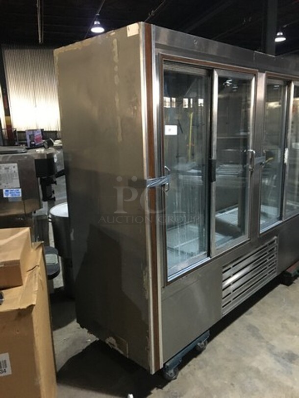 All Stainless Steel Comer Reach In Cooler Merchandiser! With 4 Sliding Doors! With Poly Coated Racks! All Stainless Steel!  - Image 2 of 11