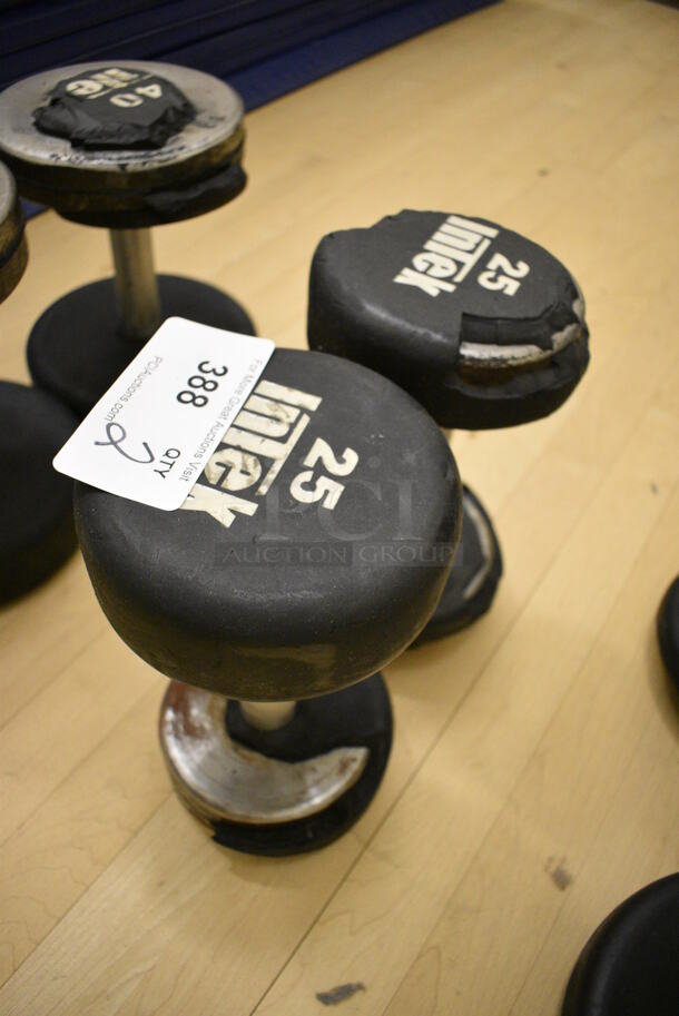 2 Intek Black and Chrome Finish 25 Pound Dumbbells. 8x9.5x8. 2 Times Your Bid! (behind squash court - left)
