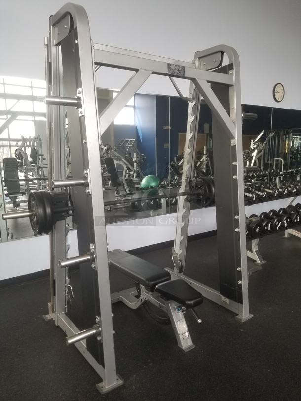 Hammer Strength Metal Commercial Floor Style Linear Bearing Smith Machine. BUYER MUST REMOVE. (weight room)
