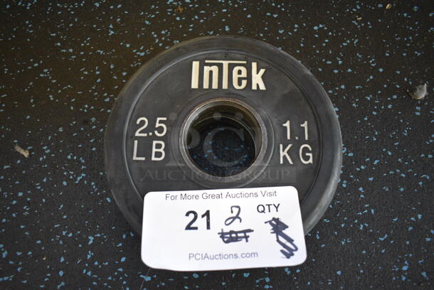 2 Intek Metal 2.5 Pound Weight Plates. BUYER MUST REMOVE. 6.5x6.5x1. 2 Times Your Bid! (upstairs) - Image 1 of 2