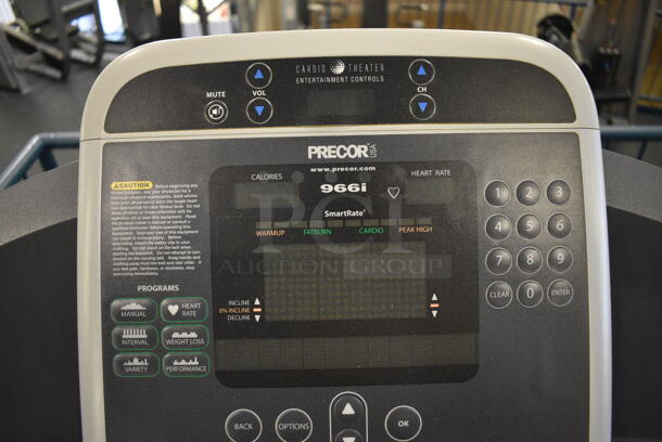 NICE! Precor Model C966i Metal Heavy Duty Commercial Floor Style Treadmill w/ Entertainment Controls and Heart Rate Sensors. 120 Volts, 1 Phase. BUYER MUST REMOVE. 35x87x66. Tested and Working! (upstairs) This Unit Will Be Moved Down To The First Floor Before Pick Up Day Begins! - Image 5 of 7