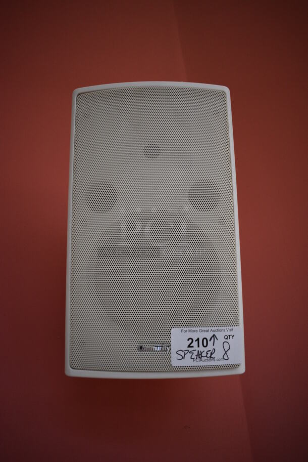 8 Community Wall Mount Speakers. BUYER MUST REMOVE. 11x11x18. 8 Times Your Bid! (aerobic room)