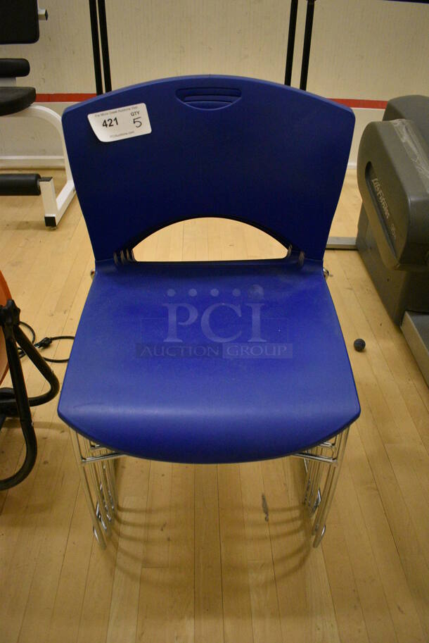 5 Blue Poly Chairs on Chrome Finish Legs. 20x22x31. 5 Times Your Bid! (behind squash court - right)
