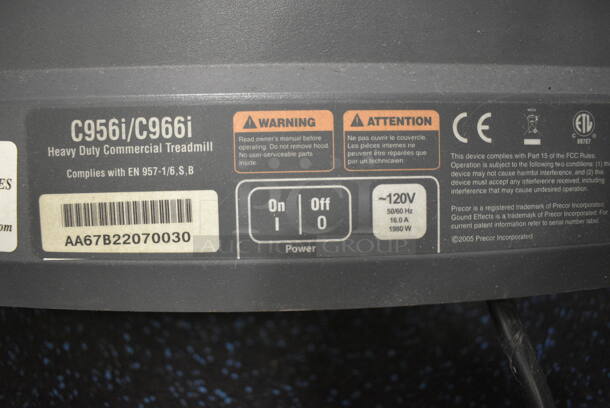 NICE! Precor Model C966i Metal Heavy Duty Commercial Floor Style Treadmill w/ Entertainment Controls and Heart Rate Sensors. 120 Volts, 1 Phase. BUYER MUST REMOVE. 35x87x66. Tested and Working! (upstairs) This Unit Will Be Moved Down To The First Floor Before Pick Up Day Begins! - Image 8 of 9