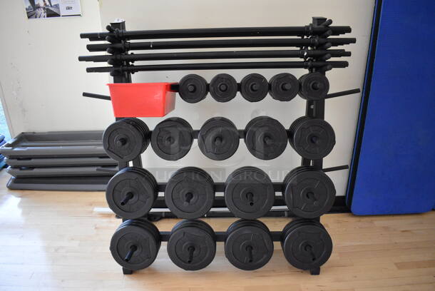Black Metal Weight Plate Rack. Does Not Include Contents. 65x28x53. (aerobic room)