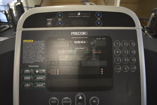 NICE! Precor Model C966i Metal Heavy Duty Commercial Floor Style Treadmill w/ Entertainment Controls and Heart Rate Sensors. 120 Volts, 1 Phase. BUYER MUST REMOVE. 35x87x66. Tested and Working! (upstairs) This Unit Will Be Moved Down To The First Floor Before Pick Up Day Begins! - Image 6 of 7