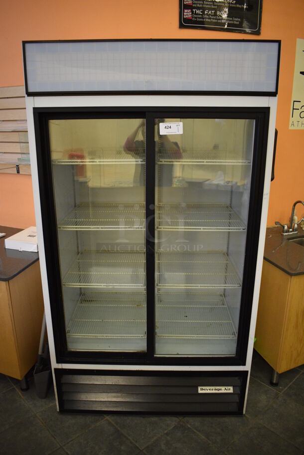 NICE! Beverage Air Model MT38-W Metal Commercial 2 Door Reach In Cooler Merchandiser w/ Poly Coated Racks and Sliding Doors. 115 Volts, 1 Phase. BUYER MUST REMOVE. Tested and Working! (lobby - behind front counter)