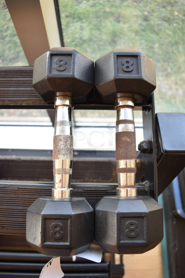 2 Power Systems Metal Black and Chrome Finish 8 Pound Hex Dumbbells. 3.5x10x3.5. 2 Times Your Bid! (upstairs - side room)