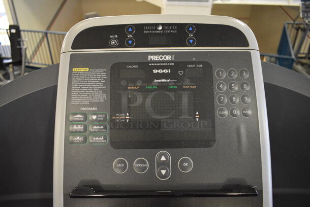 NICE! Precor Model C966i Metal Heavy Duty Commercial Floor Style Treadmill w/ Entertainment Controls and Heart Rate Sensors. 120 Volts, 1 Phase. BUYER MUST REMOVE. 35x87x66. Tested and Working! (upstairs) This Unit Will Be Moved Down To The First Floor Before Pick Up Day Begins! - Image 7 of 9