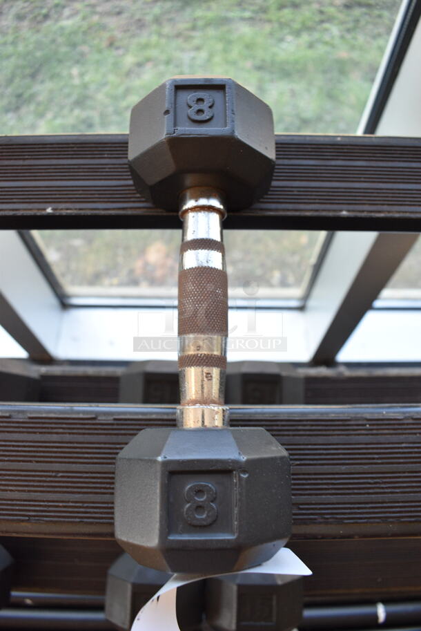 Power Systems Metal Black and Chrome Finish 8 Pound Hex Dumbbell. 3.5x10x3.5. (upstairs - side room)