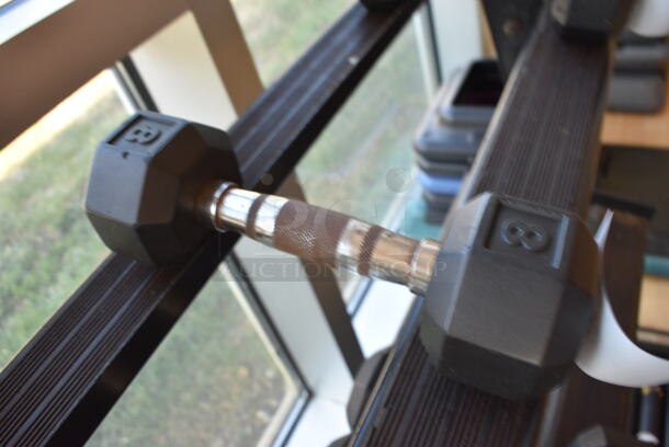 Power Systems Metal Black and Chrome Finish 8 Pound Hex Dumbbell. 3.5x10x3.5. (upstairs - side room) - Image 2 of 3