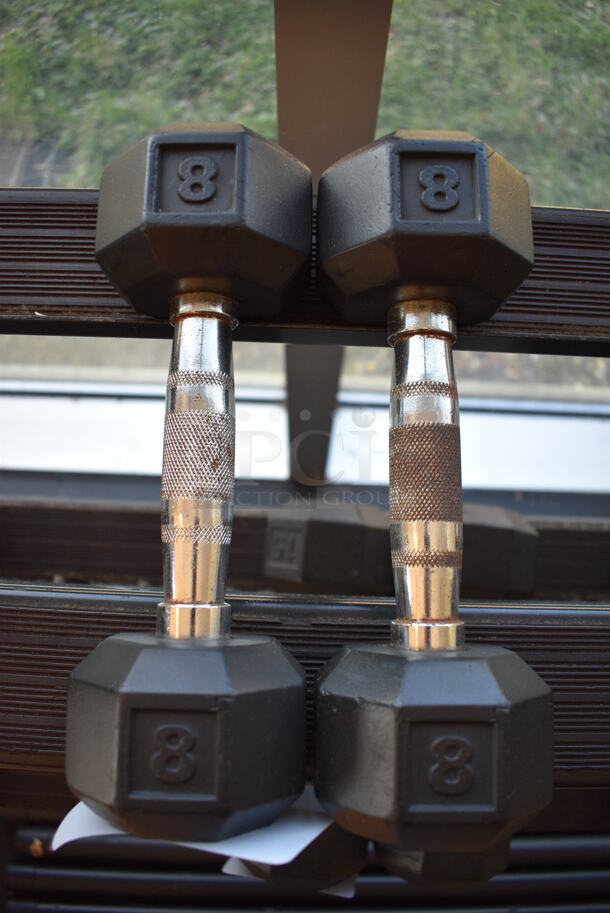 2 Power Systems Metal Black and Chrome Finish 8 Pound Hex Dumbbells. 3.5x10x3.5. 2 Times Your Bid! (upstairs - side room)