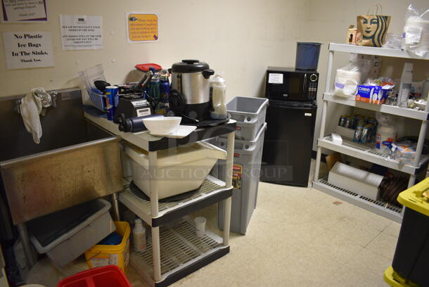 ALL ONE MONEY! Room Lot of Various Items Including Poly Metro Shelving, Contents, Blender Base, Coffee Urn, Microwave and Mini Cooler. Does Not Include Sink or Ice Machine In Room. BUYER MUST REMOVE. (lobby - room behind front counter) - Image 1 of 5