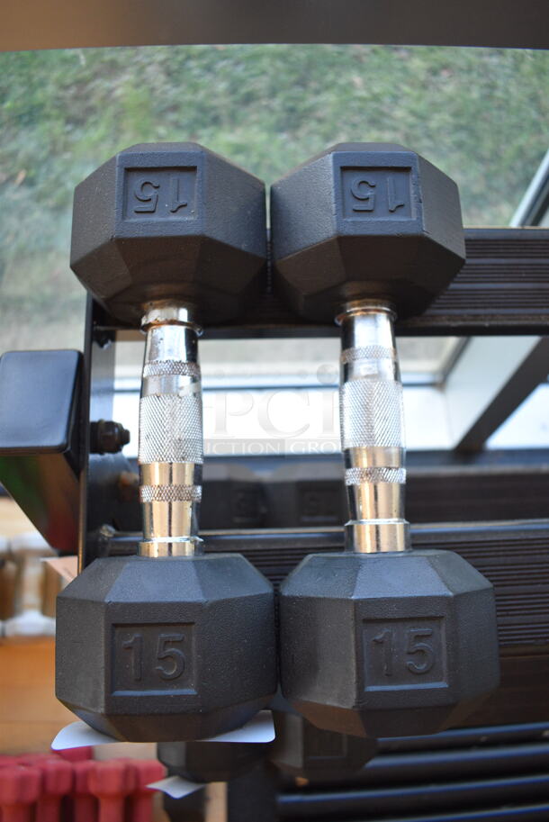 2 Power Systems Metal Black and Chrome Finish 15 Pound Hex Dumbbells. 4x11.5x4. 2 Times Your Bid! (upstairs - side room)