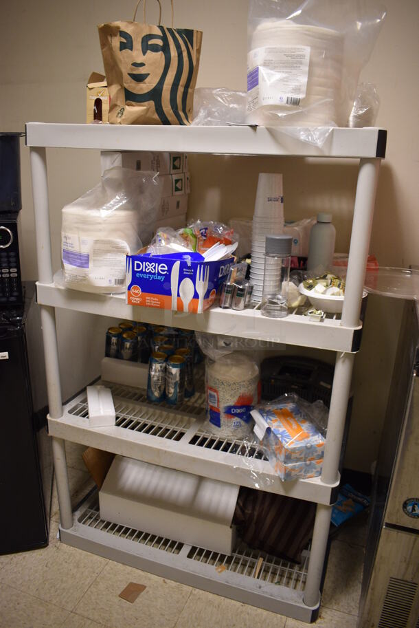 ALL ONE MONEY! Room Lot of Various Items Including Poly Metro Shelving, Contents, Blender Base, Coffee Urn, Microwave and Mini Cooler. Does Not Include Sink or Ice Machine In Room. BUYER MUST REMOVE. (lobby - room behind front counter) - Image 5 of 5