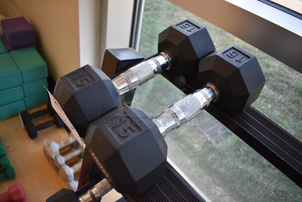 2 Power Systems Metal Black and Chrome Finish 15 Pound Hex Dumbbells. 4x11.5x4. 2 Times Your Bid! (upstairs - side room) - Image 2 of 3