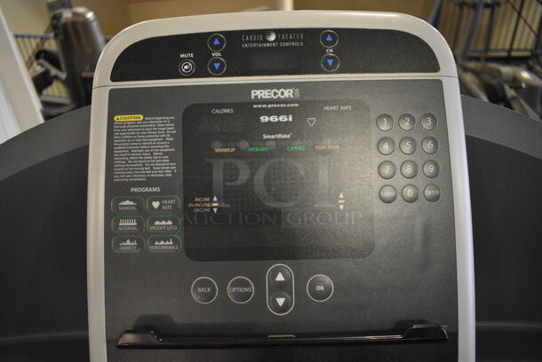 NICE! Precor Model C966i Metal Heavy Duty Commercial Floor Style Treadmill w/ Entertainment Controls and Heart Rate Sensors. Belt Has a Tear - See Pictures. BUYER MUST REMOVE. 120 Volts, 1 Phase. 35x87x66. Tested and Working! (upstairs) This Unit Will Be Moved Down To The First Floor Before Pick Up Day Begins! - Image 8 of 9