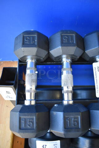 2 Power Systems Metal Black and Chrome Finish 15 Pound Hex Dumbbells. 4x11x4. 2 Times Your Bid! (upstairs)