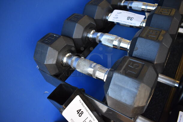 2 Power Systems Metal Black and Chrome Finish 15 Pound Hex Dumbbells. 4x11x4. 2 Times Your Bid! (upstairs) - Image 3 of 3